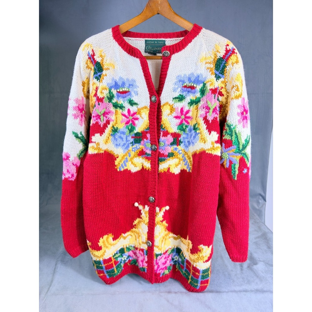Vtg Cullinane Red Floral Knit Sweater Cardigan Cottagecore Spring Garden L / XL